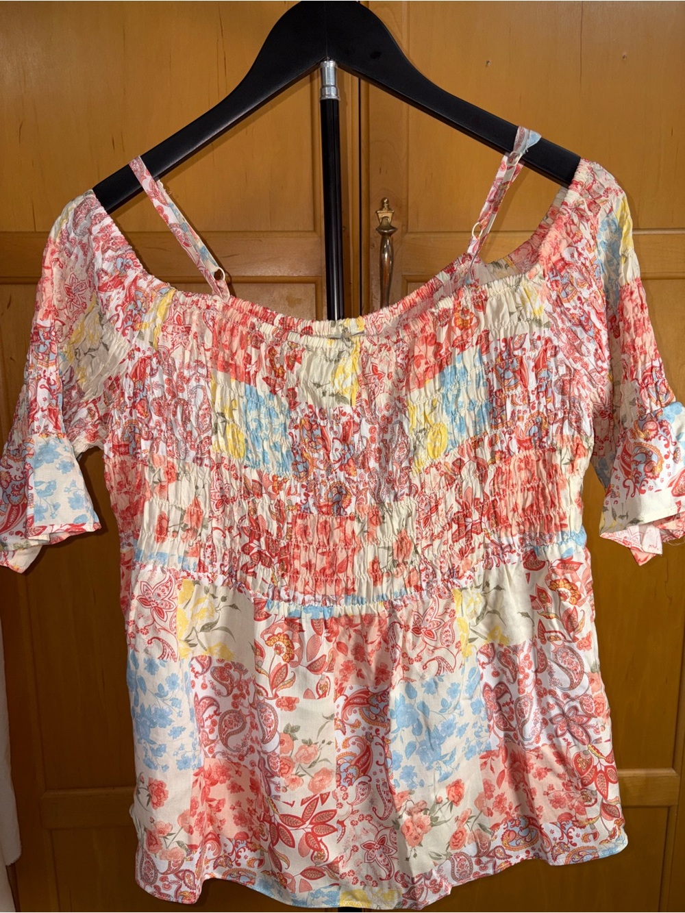 Cato patchwork cold shoulder Blouse floral smocked Top Boho Cottage Core Large